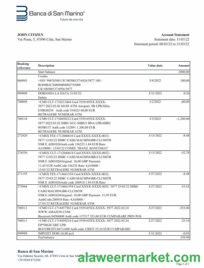 San Marino Banca di San Marino bank statement xls